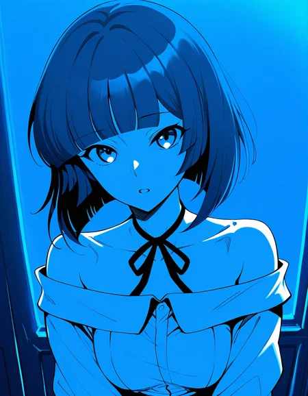 score_9, score_8_up, score_7_up, Expressiveh, source_anime,Kivye, 1girl, solo, looking at viewer, open mouth, bangs, monochrome, bob cut, short hair, off shoulder, upper body, blue theme, ribbon, breasts, neck ribbon, shirt, blunt bangs, bare shoulders