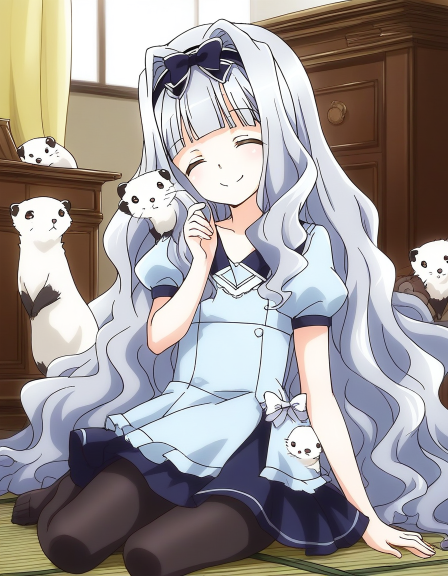 score_9, score_8_up, score_7_up, source_anime, rating_explicit, BREAK  <lora:Watayuki_Ver2.0_XL:1> Watayuki, hairband, very long hair, blue hair, grey hair, hair bow, closed eyes, wavy hair, flat chest, blunt bangs,
Watayuki, shijou takane, 1girl, sitting, bow, smile, pantyhose, skirt, seiza, solo, animal, hair intakes,ã
ferret, white_ferret,
room, flooring, curtain,