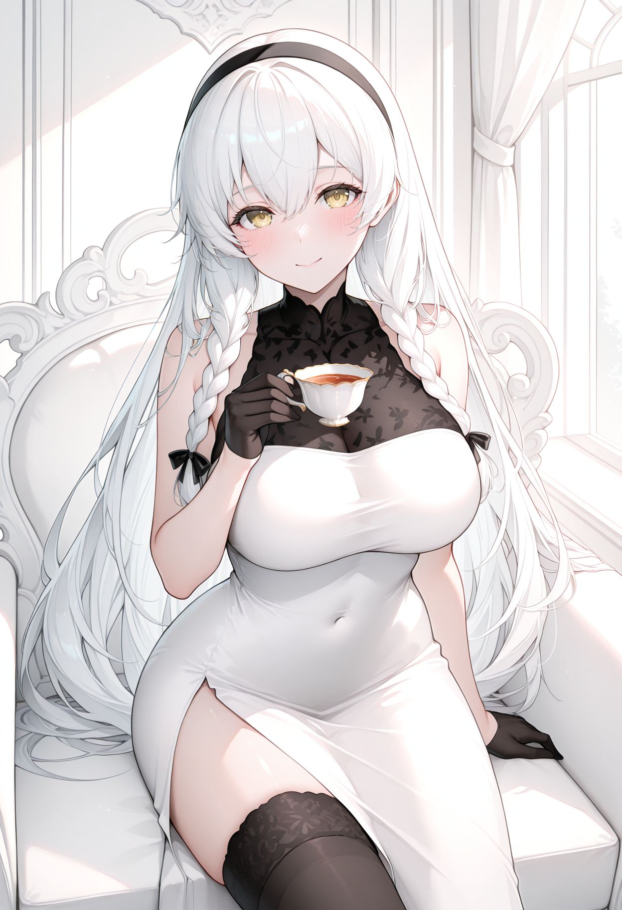 highres, best quality, masterpiece, indoors, white theme,
1girl, solo, azlhermi, very long hair, white hair, yellow eyes,
ahrmgat, gat twin braids, black hairband, white dress, two-tone dress, see-through cleavage, sleeveless dress, taut dress, half gloves, black gloves, side slit, lace trim, black thighhighs,
looking at viewer, blush, smile,
sitting, teacup, holding,
<lora:_hermione_al-elesico-ilxl:1>