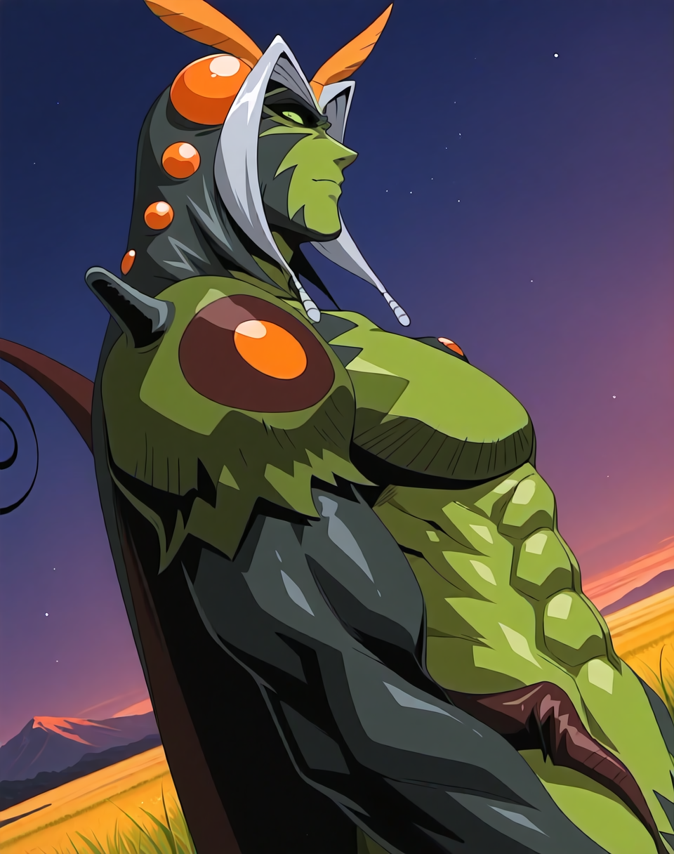 <lora:Ryokuga_(La_Blue_Girl_Returns)_(Illustrious)_(AD):1.35> Ryokuga, muscular, insect man, 
dutch angle, exterior, mountains, grass, 
male focus, gradient coloring, solo, close up, profile shot, green body, green face, villain, hyper muscular, large shoulders, large biceps, glowing eyes, abs, head turned to viewer, looking directly at viewer, seductive, brash, 
BREAK very awe, aesthetically pleasing, masterpiece, best quality, amazing quality, very aesthetic, perfect depth of field shot, in'ei, 
Smooth Quality, lazympos, IllustQualXL_Pos,