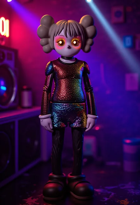 A full body portrait shot of a kaws figurine posing in a sparkling dress, manic pixie dream girl vibes, in a dark 2000s techno rave club