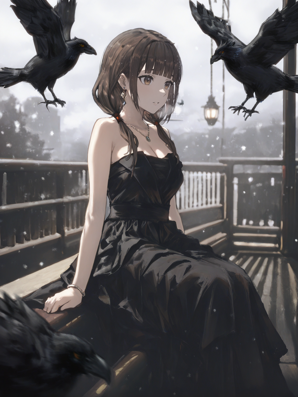 perfect quality,high quality,masterpiece,best quality,amazing quality,very aesthetic,absurdres,Cinematic Lighting,newest,Tactical use of shadow,
1girl,solo,brown hair,long hair,bangs,blunt bangs,twintails,low twintails,brown eyes,IinoMikoCYQL,,
bird,dress,jewelry,necklace,bareshoulders,blackdress,crow,sitting,strapless,railing,straplessdress,breasts,mole,cleavage,earrings,snowing,scenery,,
<lora:spo_sdxl_10ep_4k-data_lora_webui>,<lora:NOOB_EPSv1_1_detailer_by_vlnvk_v1_0>,<lora:shiej007>,,<lora:lora.by_tusi:1>,