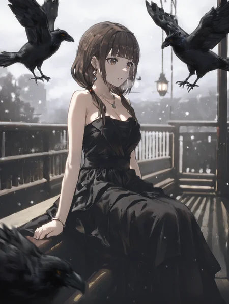 perfect quality,high quality,masterpiece,best quality,amazing quality,very aesthetic,absurdres,Cinematic Lighting,newest,Tactical use of shadow,
1girl,solo,brown hair,long hair,bangs,blunt bangs,twintails,low twintails,brown eyes,IinoMikoCYQL,,
bird,dress,jewelry,necklace,bareshoulders,blackdress,crow,sitting,strapless,railing,straplessdress,breasts,mole,cleavage,earrings,snowing,scenery,,
<lora:spo_sdxl_10ep_4k-data_lora_webui>,<lora:NOOB_EPSv1_1_detailer_by_vlnvk_v1_0>,<lora:shiej007>,,<lora:lora.by_tusi:1>,