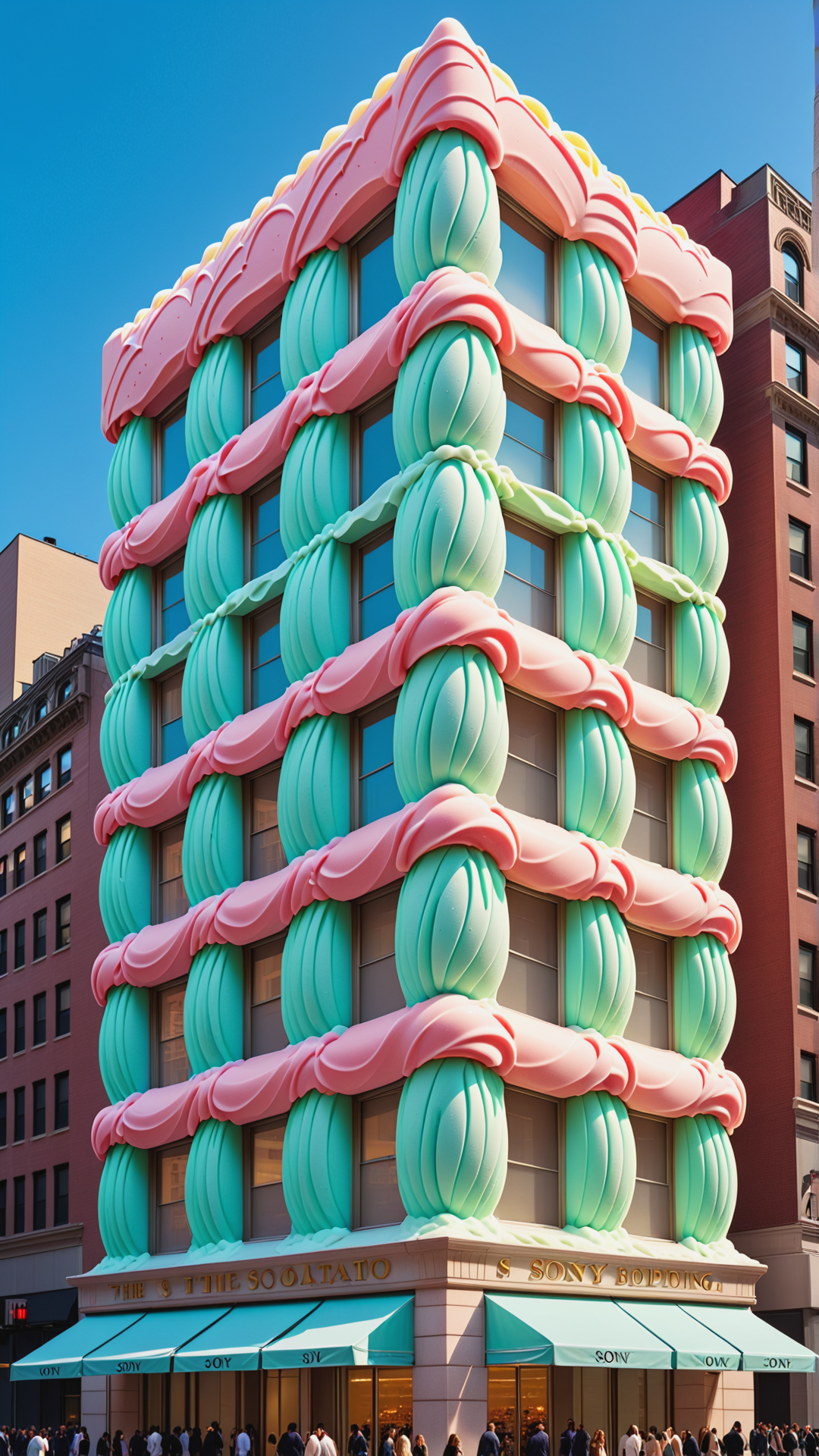 <lora:Gelato_Style_XL:1>GelatoStyle the unique patterned facade of the sony building in New York during the day, made from gelato ice cream, (Masterpiece:1.3) (best quality:1.2) (high quality:1.1)