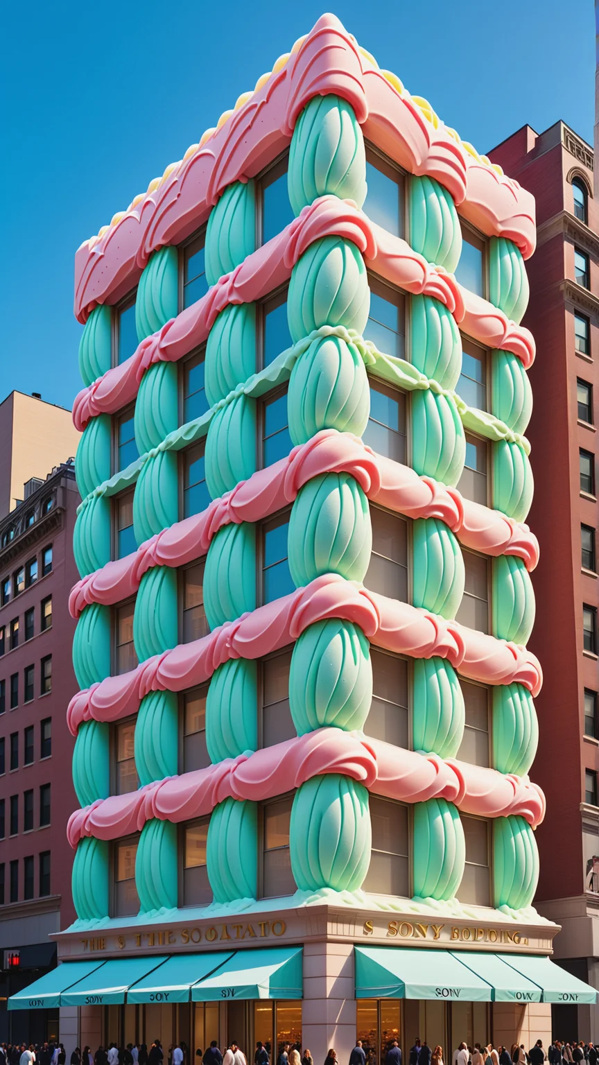 <lora:Gelato_Style_XL:1>GelatoStyle the unique patterned facade of the sony building in New York during the day, made from gelato ice cream, (Masterpiece:1.3) (best quality:1.2) (high quality:1.1)