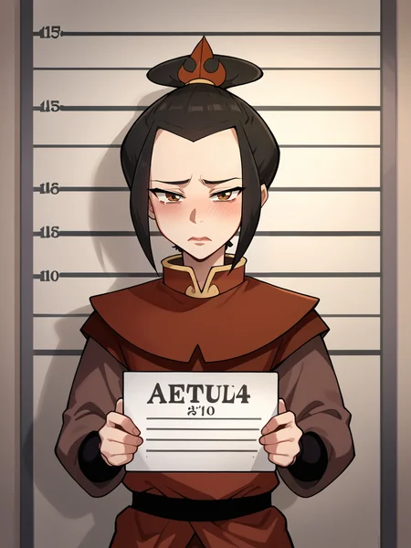 score_9, score_8_up, score_7_up, score_6_up, score_5_up, score_4_up, BREAK, source_cartoon, source_anime, 1girl, azula, black hair, brown eyes, blush, holding sign, mugshot, sad, looking at viewer <lora:AzulaXL:1>