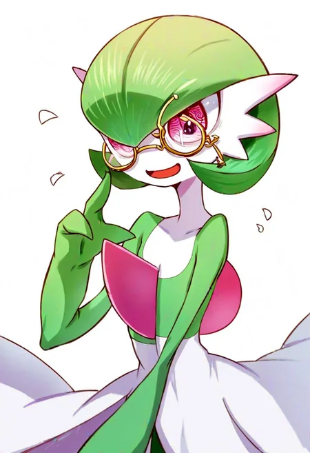 score_9_up, score_8_up, score_7_up, Score_6_up, Score_5_up, Score_4_up, source_anime, (masterpiece, perfectly detailed, detailed face, detailed eyes, beautiful eyes), 8K, extremely detailed, perfect face, PokeMaster_PS, gardevoir_pokemon, monocle, round eyewear, bob cut, colored skin, flat chest, forced smile, green hair, multicolored skin, open mouth, pink eyes, pokemon (creature), simple background, squeezing, sweatdrop, two-tone skin, white background, white skin