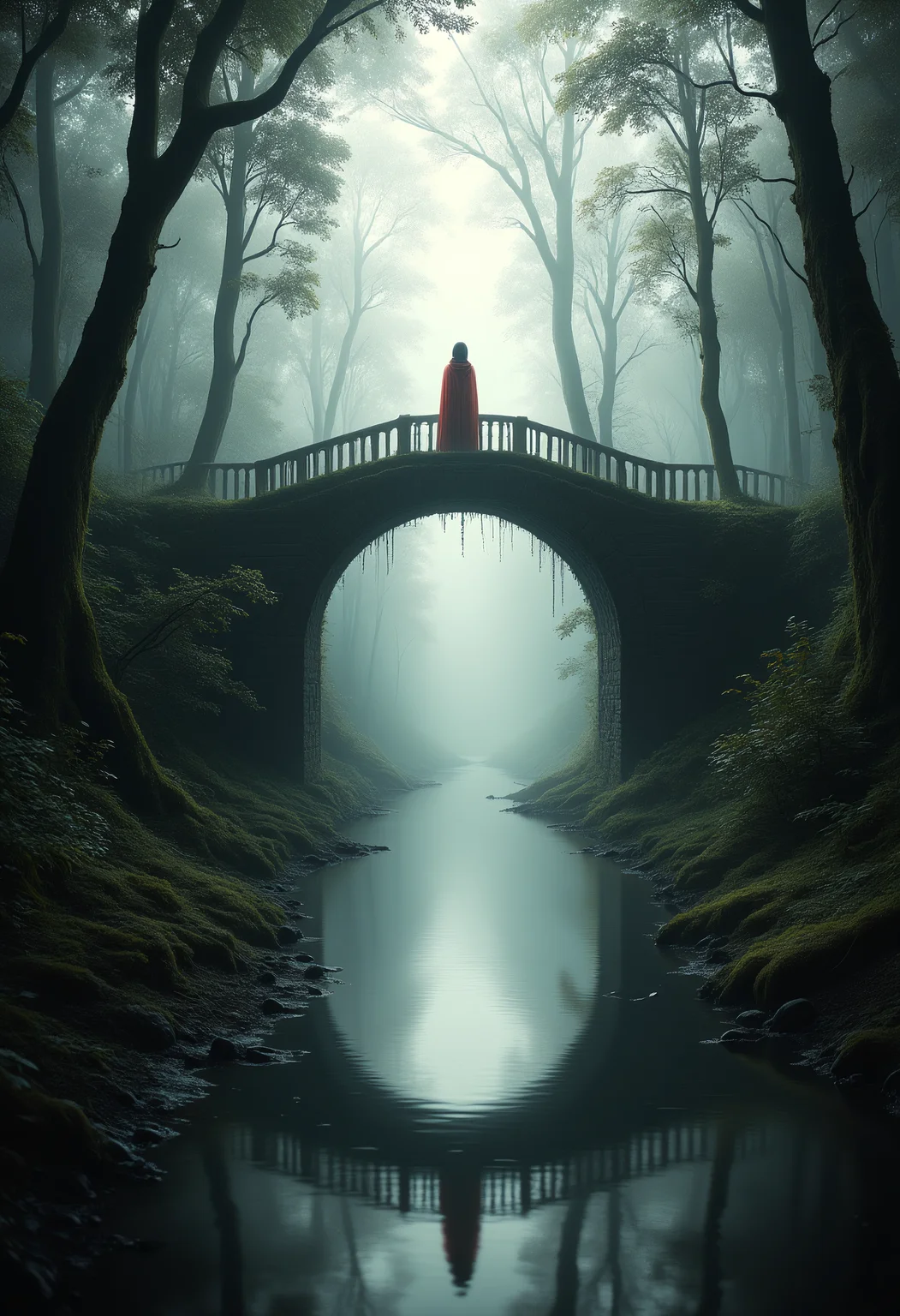 Misty Forest Bridge
An old stone bridge arching over a narrow, misty river in the heart of a dense forest. The surrounding trees are covered in moss, and the air is heavy with moisture. A figure in a red cloak crosses the bridge, their reflection barely visible in the foggy water below. ral-ertmsphr, ral-watce, aidmaMJ6.1