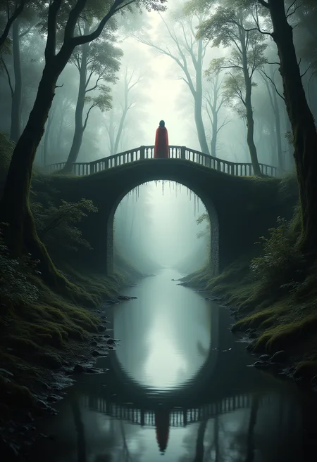 Misty Forest Bridge
An old stone bridge arching over a narrow, misty river in the heart of a dense forest. The surrounding trees are covered in moss, and the air is heavy with moisture. A figure in a red cloak crosses the bridge, their reflection barely visible in the foggy water below. ral-ertmsphr, ral-watce, aidmaMJ6.1