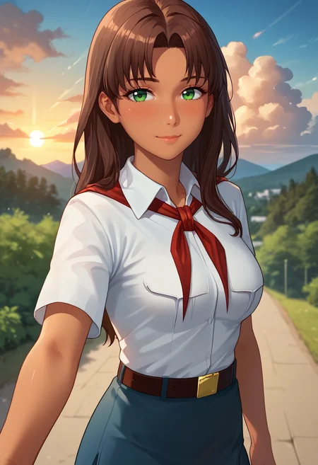 score_9, score_8_up, score_7_up,
best quality, masterpiece, ultra detailed,
<lora:Expressive_H:1>, (light smile:1.3), (blush:1.5), closed mouth,
bokeh, blur, blurry background,
looking at viewer,
portrait, dynamic pose, pov, make selfie,
mature girl,
<lora:Everlasting_Summer_Olga_by_GraffMetal_V2.4:0.7>, olga, long hair, brown hair, green eyes, bangs, parted bangs, straight hair, tan skin, dark skin, solo, medium breasts,
white collared shirt, short sleeves, red neckerchief, neckerchief, belt, blue skirt, school outfit, high white socks, short skirt,
amazing background, outdoors, nature, sunset, cozy, cloud, clouds, sky,
<lora:Everlasting_Summer_Vanilla_Art_Style_by_GraffMetal:1>,