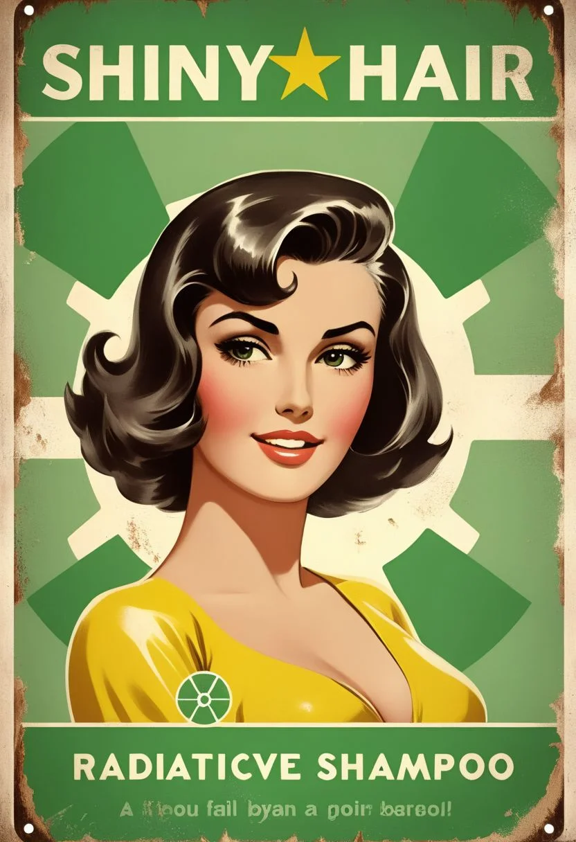 poster of a beautiful woman with radioactive shampoo, text "shiny hair", falloutpostsdxl, 1960s \(style\), distressed poster