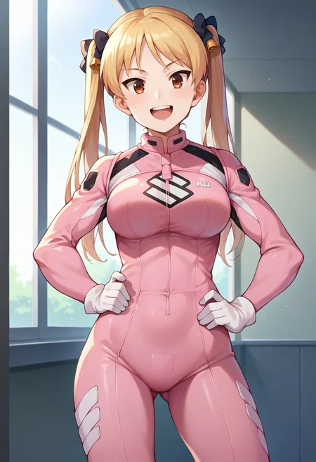 score_9, score_7_up, hd, (ultra hd quality details), indoors, source_anime,
solo, 1girl, suzunokirinb, twintails, hair bell, large breasts,
bikersuit, pink bodysuit, white gloves,
looking at viewer, smile, open mouth,
standing,
<lora:_suzunoki_rin-elesico-pony-v1-08:0.9>