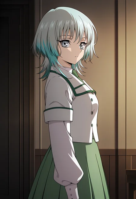 masterpiece,best quality,amazing quality,
1girl, solo,
Yuna Saionji (Cardfight Vanguard), blue hair, short hair, grey eyes,
Suzune Rokuoin (Cardfight Vanguard), green hair, grey hair, multicolored hair, medium hair, grey eyes,
white jacket, white shirt, collared shirt, buttons, green necktie, green skirt, short over long sleeves, layered sleeves, pleated skirt, long skirt, white socks, green footwear, shoes, mary janes,
looking at viewer, from side,
cinematic,
Indoors, upper body,
bloom,
Official style, anime screencap, anime coloring,
