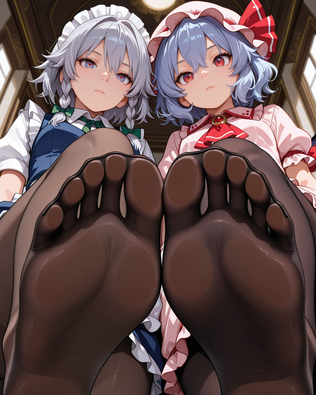 masterpiece,best quality,highres illustration,detailed face,2girls,from below,<lora:footcloseup_IL:1>,foot focus,pantyhose,expressionless,izayoi sakuya,remilia scarlet,hallway,side-by-side,