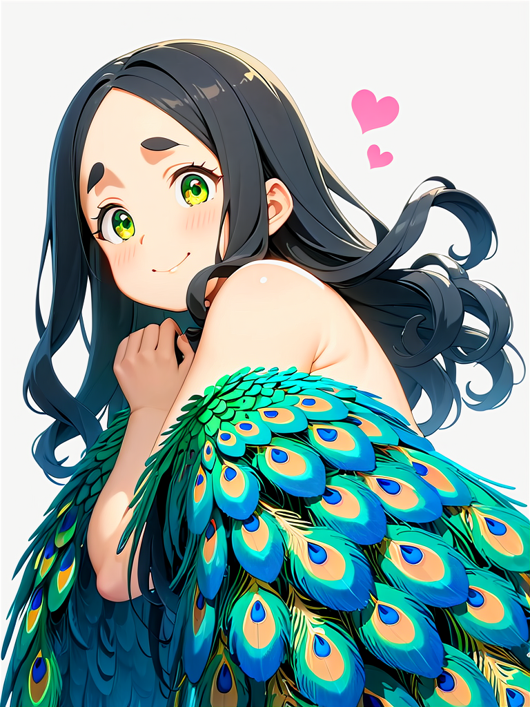 anime, best quality, (masterpiece:1.4), (high quality:1.4), sharp focus, 4k, absurd resolution, detailed hands, curly hair, long hair, (black hair:1.6), 1girl, mature female, (parted hair:1.7), (round face), <lora:ETO_OC_XL:0.7>, (thick eyebrows:0.9), (plump:0.8), round-chin, (greenish brown eyes), (brownish green eyes), caucasian, down-turned eyes, blush, 1girl, (forehead:0.75), shy, timid, smile, hearts, <lora:hinaMaybeBetterPoseXL_v2:0.8> <lora:peacock_feather_dress-XL-1.0:0.8> peacock feather dress