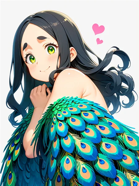 anime, best quality, (masterpiece:1.4), (high quality:1.4), sharp focus, 4k, absurd resolution, detailed hands, curly hair, long hair, (black hair:1.6), 1girl, mature female, (parted hair:1.7), (round face), <lora:ETO_OC_XL:0.7>, (thick eyebrows:0.9), (plump:0.8), round-chin, (greenish brown eyes), (brownish green eyes), caucasian, down-turned eyes, blush, 1girl, (forehead:0.75), shy, timid, smile, hearts, <lora:hinaMaybeBetterPoseXL_v2:0.8> <lora:peacock_feather_dress-XL-1.0:0.8> peacock feather dress