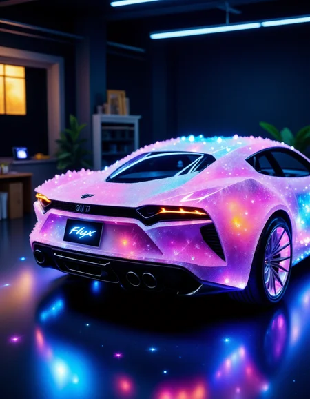 a bioluminescent sportscar made out of colourful auraquartz crystals, parked in a garage , on the license plate there is a sign with the word "Flux ", , <lora:Flux_Auraquartz:1>,<lora:BioIceCrystalsFlux:0.7>