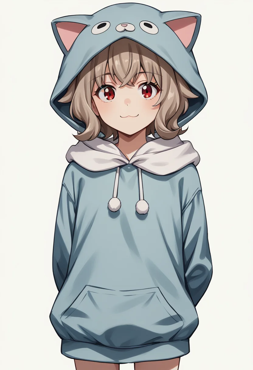 1girl, solo, AtraM1xt, short hair, brown hair, red eyes, animal costume, animal hood, hood up, cat costume, cat hood, cat ears, fake animal ears, paw gloves, looking at viewer, smile, arms behind back, standing, white background, score_9, score_8_up, score_7_up, source_anime, <lora:Atra Mixta - Gundam IBO-000008:1>