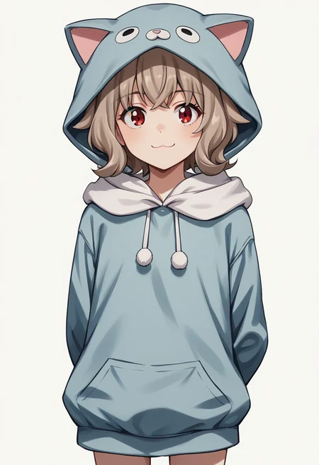 1girl, solo, AtraM1xt, short hair, brown hair, red eyes, animal costume, animal hood, hood up, cat costume, cat hood, cat ears, fake animal ears, paw gloves, looking at viewer, smile, arms behind back, standing, white background, score_9, score_8_up, score_7_up, source_anime, <lora:Atra Mixta - Gundam IBO-000008:1>