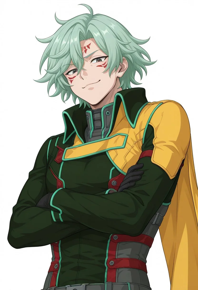 anime screencap, white background, juamu, 1boy, green hair, messy hair, light teal hair, angular bangs, facial markings, futuristic outfit, sci-fi uniform, high collar, asymmetrical outfit, green jacket, yellow cape, black undersuit, red buttons, masterpiece, best quality, amazing quality, very aesthetic, absurdres, highres, newest, looking at viewer, smug, crossed arms, from below, from side,