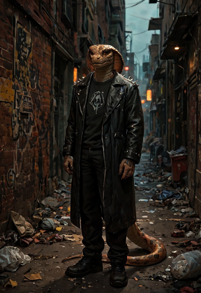score_9, score_8_up, score_7_up, best quality, fine detail, anthropomorphic snake wearing a black leather jacket with studs and spikes, in a cyberpunk alleyway, trash on the ground, vivid colors, dark shadows, highest quality, goonguy