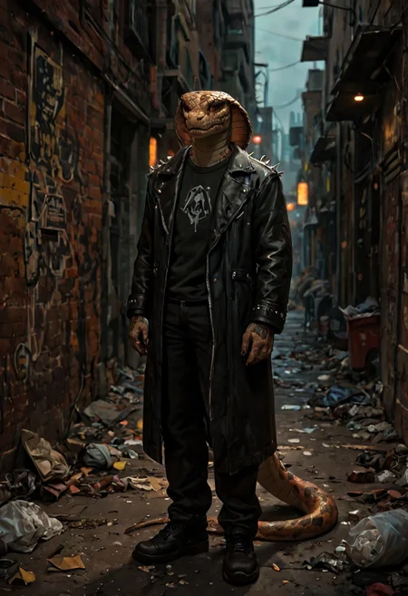 score_9, score_8_up, score_7_up, best quality, fine detail, anthropomorphic snake wearing a black leather jacket with studs and spikes, in a cyberpunk alleyway, trash on the ground, vivid colors, dark shadows, highest quality, goonguy