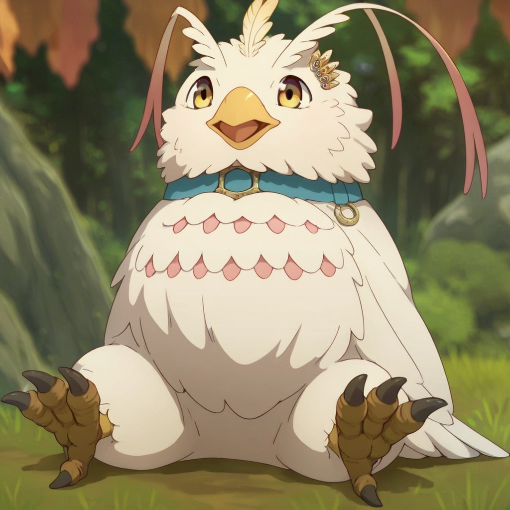 score_9, score_8_up, score_7_up, score_6_up, score_5_up, score_4_up, source_anime,  Filo_Bird, feral, sitting, claws, forest, happy