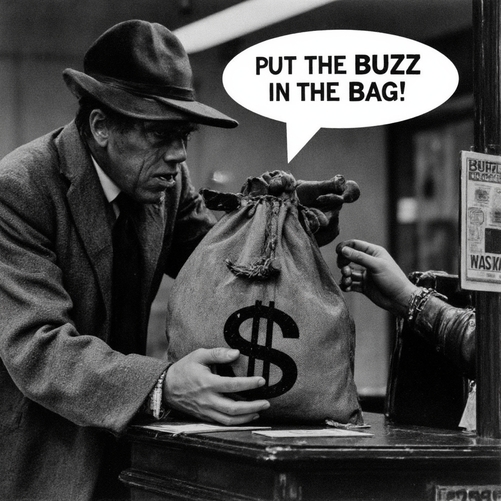 A bank robber holds up a bank, pointing a gun at the bank teller. He holds a bag with a large dollar sign on it, demanding with a tense voice, 'Put the BUZZ in the bag!' The scene is filled with tension as the robber waits for the teller’s response in the high-stakes moment