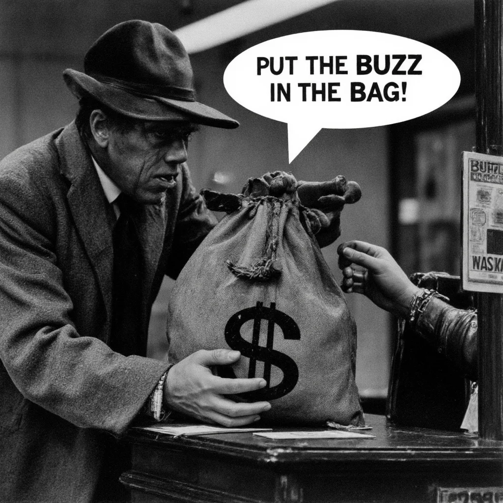 A bank robber holds up a bank, pointing a gun at the bank teller. He holds a bag with a large dollar sign on it, demanding with a tense voice, 'Put the BUZZ in the bag!' The scene is filled with tension as the robber waits for the teller’s response in the high-stakes moment