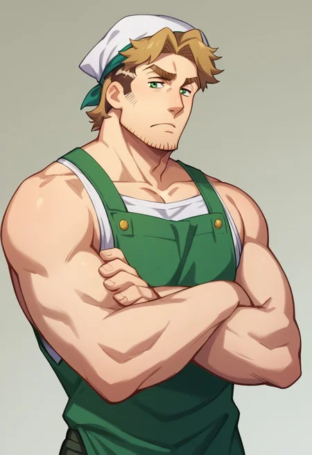 score_9, score_8_up, score_7_up, score_6_up, perfect anatomy, perfect proportions, best quality, masterpiece, high_resolution, high quality, solo male, Gagumber, brown hair, two-tone hair, sideburns, facial hair, stubble, green eyes, thick eyebrows, white tank top, Ziggurat color apron, long apron , Ziggurat color head scarf, green work pants, black boots, standing, crossed arms, adult, mature, masculine, manly, handsome, charming, alluring, upper body, dutch angle, cowboy shot