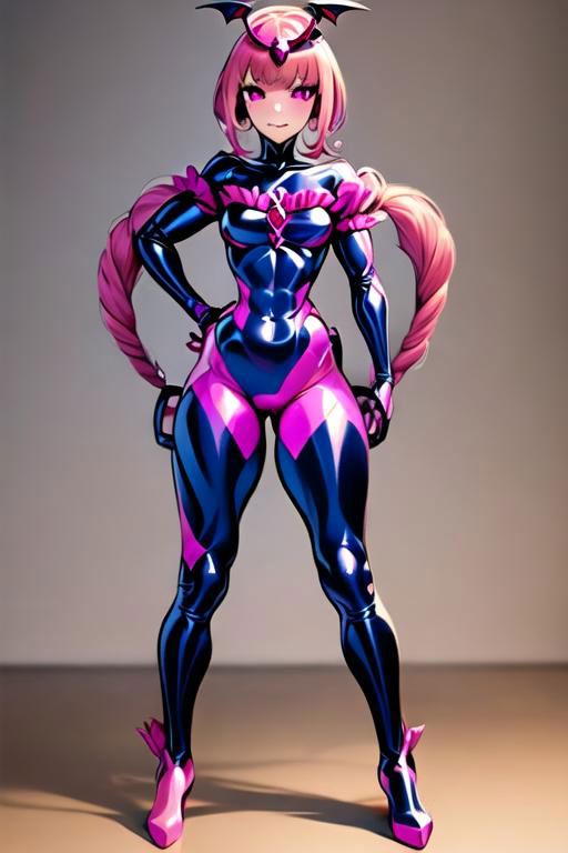 1girl, solo, Bad_End_Precure, Bad_End_Happy, muscular female with abs and thick thighs, pink hair, pink eyes, frilly bodysuit, latex, standing, fighting, fly, magic, masterpiece, cure_happy, red gems
