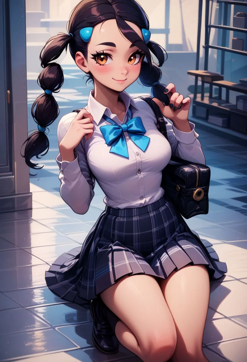 score_9, score_8_up, score_8, medium breasts, (curvy), cute, eyelashes,
BREAK,
zzCandice, hair ornament, twintails, hairclip,
BREAK,
closed mouth, alternate costume, smile, nail polish, looking at viewer, hand up, collared shirt, blush, sweater, black skirt, black nails, eyelashes, long sleeves, sleeves past wrists, plaid skirt, shoulder bag, black bag, blurry, tile floor, pleated skirt, white shirt,
zPDXL,