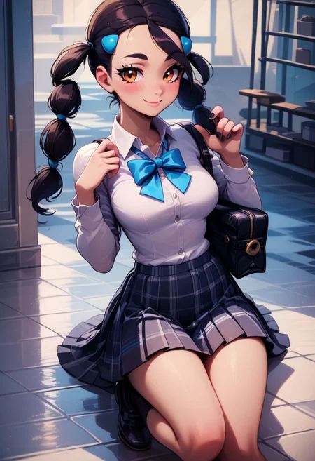 score_9, score_8_up, score_8, medium breasts, (curvy), cute, eyelashes,
BREAK,
zzCandice, hair ornament, twintails, hairclip,
BREAK,
closed mouth, alternate costume, smile, nail polish, looking at viewer, hand up, collared shirt, blush, sweater, black skirt, black nails, eyelashes, long sleeves, sleeves past wrists, plaid skirt, shoulder bag, black bag, blurry, tile floor, pleated skirt, white shirt,
zPDXL,