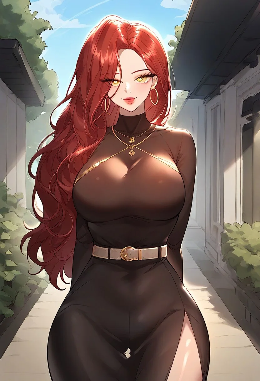 score_9, score_8_up, score_7_up, ASCII masterpiece, source_anime, BREAK, 1girl, solo, (( <lora:woo_do-hee:1> , woo_do-hee, thin waist, wide hips, beautiful skin, beautiful gold eyes, clear eyes, bright pupils, beautiful eyes, beautiful red hair, beautiful long hair, huge and shaggy breasts, natural beauty, extraordinary beautiful woman, attractive woman, super sexy woman, lustful body, sexy woman with seductive obscene body, sensual body, voluptuous body, sexy beauty, no piercings, no piercing, )) , ((sexy slightly sheer luxury black dress with red-green belt with gold belt buckle, obscene cleavage, huge cleavage, gold hoop bracelets, )) , looking at viewer, uncensored, sexy pose, beautiful smile, outdoor, park, looking at viewer, horny, seductive, cute pose, cowboy shot, front, hands behind back,