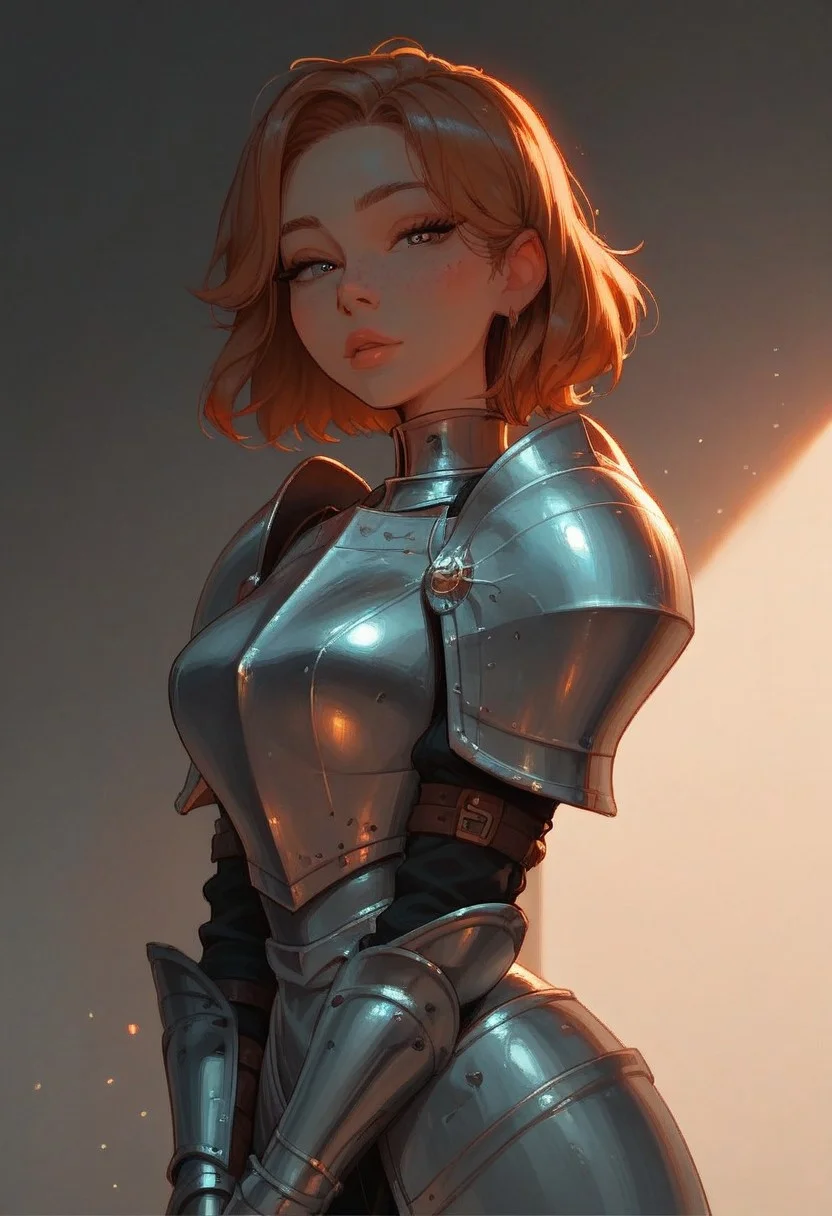 score_9, score_8_up, score_7_up, score_6_up, 1girl, solo,wearing shiny knight armor,knight armor, cute freckled face, cute round face, thin waist, short, lidded eyes, full body shot,steamy, golden hour lighting, warm lighting, good lighting, looking at viewer
