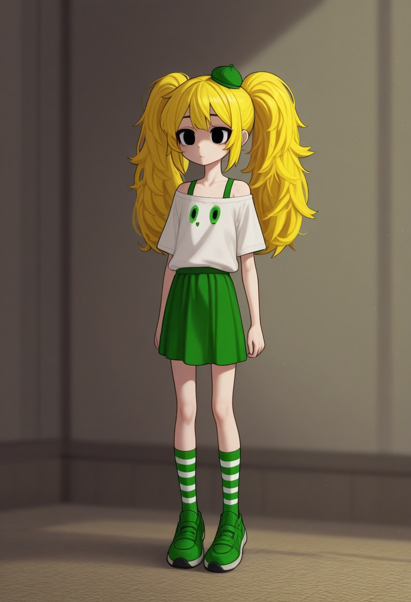 soft light, perfect anatomy ,  sharp focus, ((Depth of field)) deep depth, (Ultra detailed), best quality, intricate lighting, (absurd resolution), high resolution, intricate details, volumetric lighting, green hat, yellow hair, flowing detailed hair, innocent eyes, skinny girl, white panty hose, green skirt, green shoulder straps , white thick inner shirt, green striped socks, green shoes, small hat, twin tail hair, (rounded style), teenager, skinny teenager, natural cloths, wild like girl, Fun Spirit, Fine Details, ,Fun Spirit, Fine Details,, s4ish0,