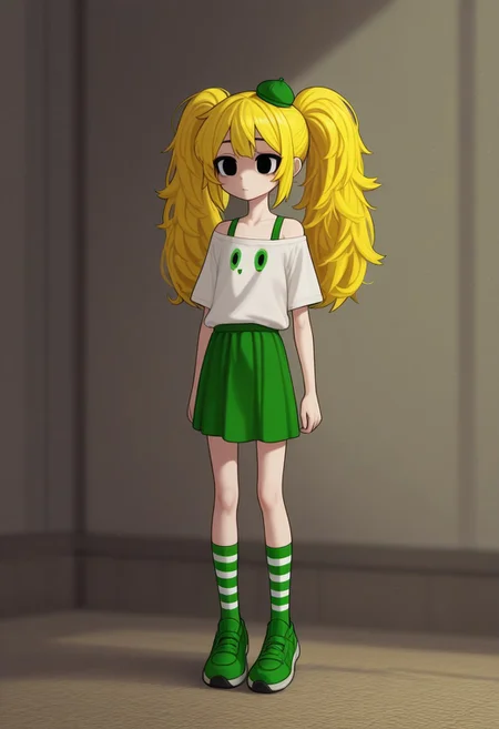 soft light, perfect anatomy , sharp focus, ((Depth of field)) deep depth, (Ultra detailed), best quality, intricate lighting, (absurd resolution), high resolution, intricate details, volumetric lighting, green hat, yellow hair, flowing detailed hair, innocent eyes, skinny girl, white panty hose, green skirt, green shoulder straps , white thick inner shirt, green striped socks, green shoes, small hat, twin tail hair, (rounded style), teenager, skinny teenager, natural cloths, wild like girl, Fun Spirit, Fine Details, ,Fun Spirit, Fine Details,, s4ish0,