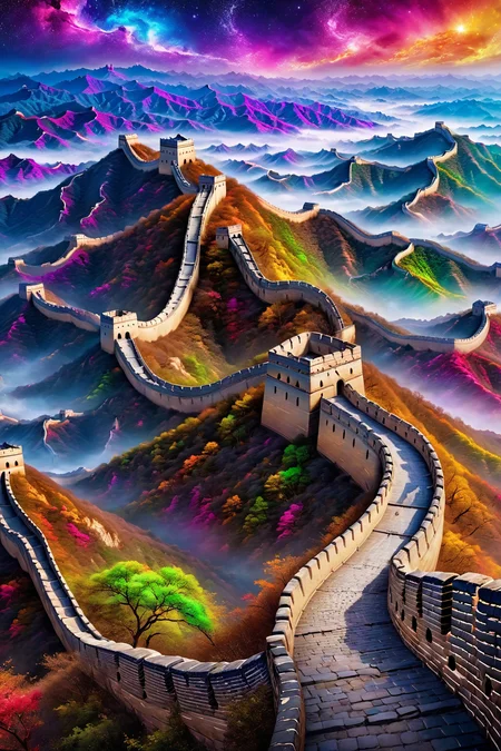 <lora:Magical_Parchment:0.8> map, Great Wall of China, magical multicolored ink, high quality, imagination, 8k, fantasy art, vivid magical colors, style-paintmagic,