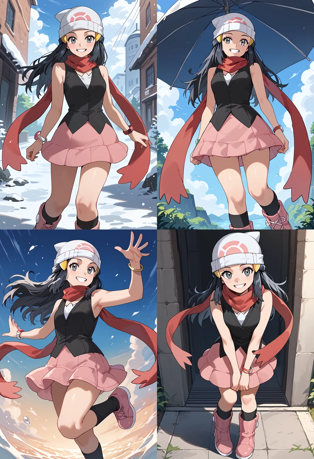 __femalePosesWildcard400_v10/female-poses__, smile, teeth, <lora:DawnPony-10:1>Dawn_Def, long hair, black hair, hair ornament, grey eyes, beanie, white headwear, shirt, black shirt, sleeveless shirt, bracelet, scarf, red scarf, skirt, pink skirt, socks, black socks, boots, pink footwear,, score_9, score_8_up, score_7_up, score_6_up, score_5_up, score_4_up,