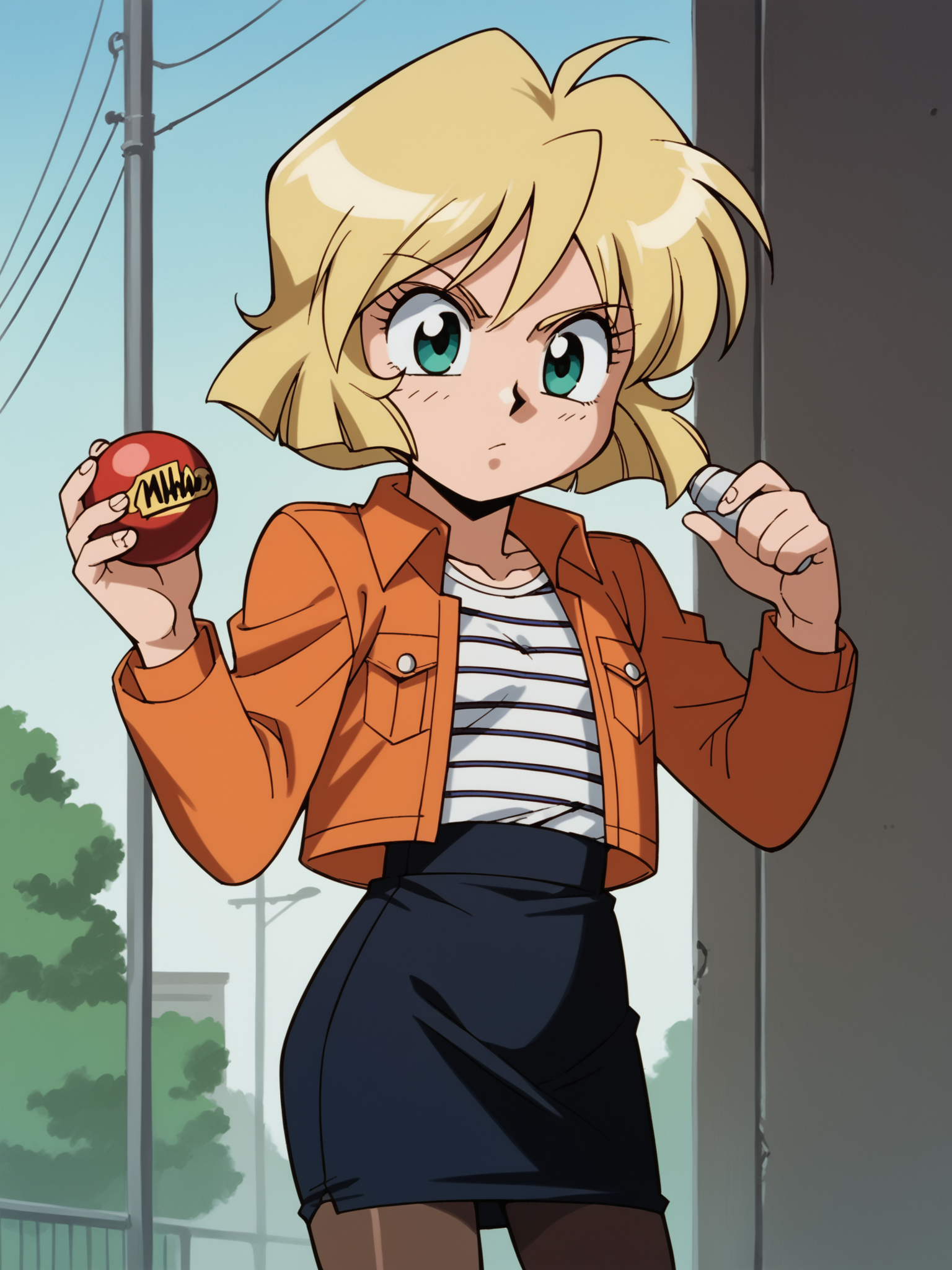 score_9, score_8_up, score_7_up, score_6_up, score_5_up, score_4_up, source_anime, <lora:Perfect Hands:1> Perfect Hands, <lora:PerfectEyesXL:1> perfecteyes, BREAK
1girl, solo, <lora:Gunsmith:0.8> gunsmith, minnie may hopkins, short female, blonde hair, green eyes, flat chest, short hair, open jacket, striped shirt, pantyhose, skirt, portrait, grenade, holding grenade, grenade pin, pulling the pin from a grenade,