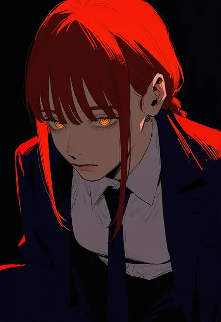 hachinuki tetsuyo, shinkiro, (go e 0000:1.2), (xilmo:1.1), black background,
makima \(chainsaw man\),
1girl, solo, necktie, shirt, black necktie, collared shirt, suit, red hair, formal, braid, white shirt, pants, bangs, black pants,
close-up, chiaroscuro, red lighting, blurry foreground,
masterpiece, high quality, highres, absurdres, very awa, very aesthetic,
<lora:owk_bsh_yy:0.5>,