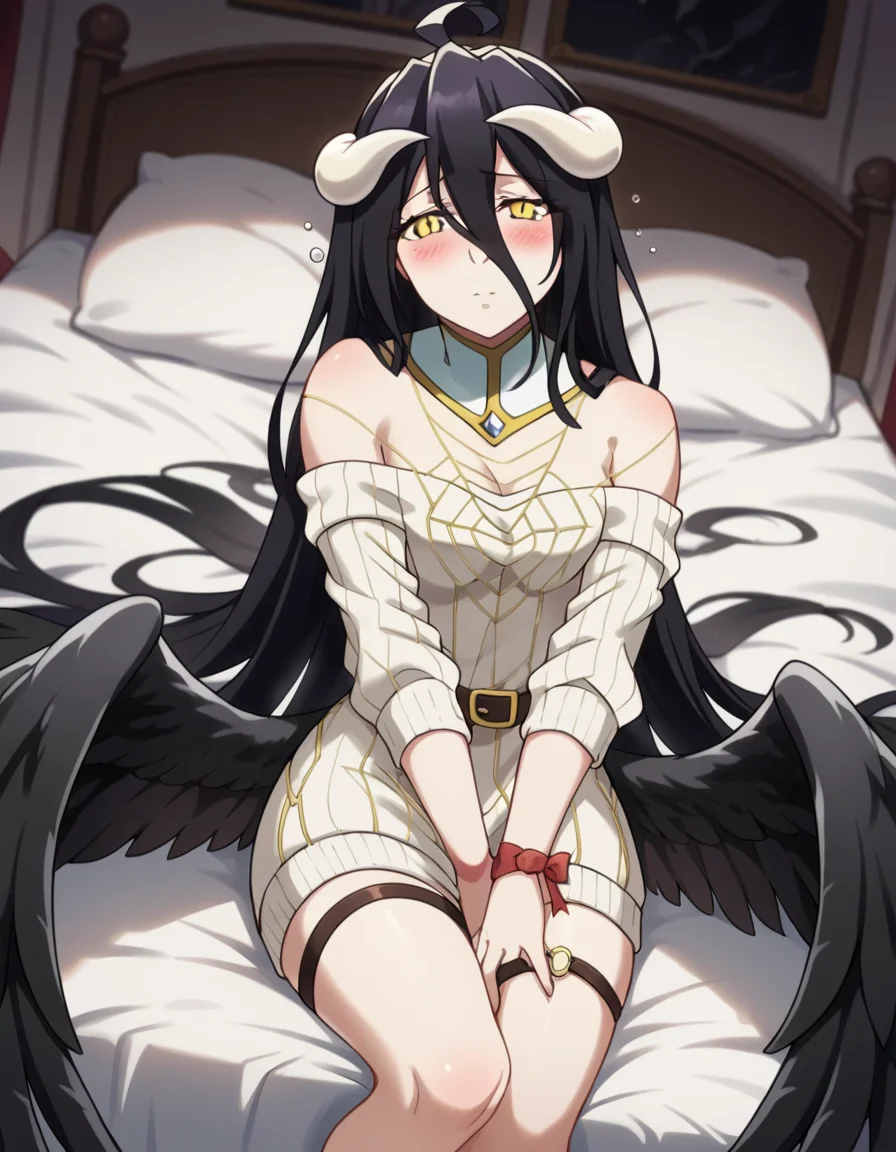 score_9, score_8_up, score_7_up, source_anime,
overlordalbedo, <lora:overlord-albedo-s1s2-ponyxl-lora-nochekaiser:1>,
albedo, ahoge, black hair, horns, long hair, yellow eyes,
bare shoulders, belt, black wings, collarbone, dress, feathered wings, frills, long sleeves, low wings, necklace, off shoulder, off-shoulder sweater, sweater, sweater dress, thigh strap, white sweater, wings, wrist ribbon, thighs,
indoors, bed, bed room, on side, blush, drunk,
looking at viewer, cowboy shot, solo, dutch angle,