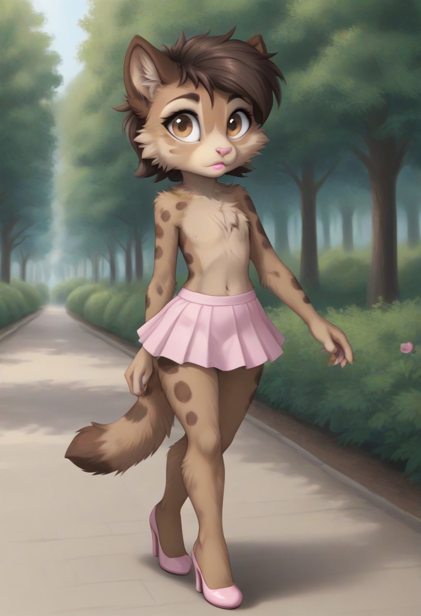 solo, dark brown head fur, fluffy fur, Large eyes, pink lipstick, civet cat, wearing a stylish blouse, wearing a short skirt and high heels, walking in a park,
