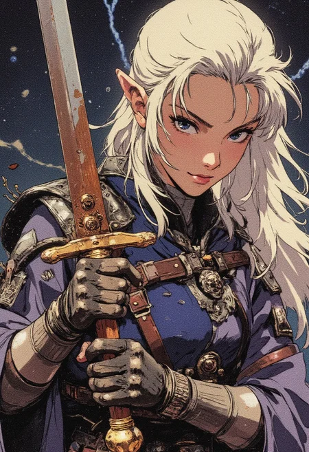 Rendered in ultra-realistic 8K quality, the artwork masterfully combines the rugged beauty of her timeworn gear, the dynamic emotion etched on her face, and the mystique of the charged, atmospheric backdrop. Every element, from the delicate creases in her skin to the intricate details of the ancient wooden dagger, coalesces into a scene of dark charisma and imminent conflict, capturing the very moment before her lethal assault.