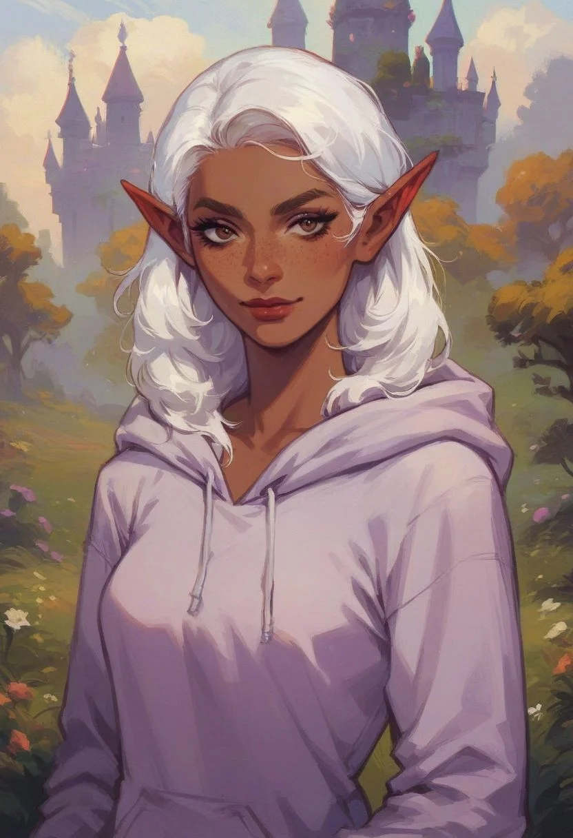 score_9, score_8_up, score_7_up, (evil warlock:1.4), pointed ears, casual clothing, hoodie, solo, dark skin, white hair, medium breasts, brown eyebrows, freckles, (big lips:0.6), makeup, castle garden, flirty face and body language