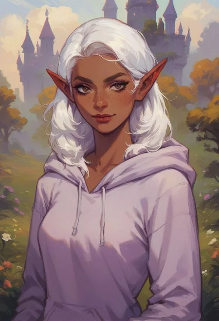 score_9, score_8_up, score_7_up, (evil warlock:1.4), pointed ears, casual clothing, hoodie, solo, dark skin, white hair, medium breasts, brown eyebrows, freckles, (big lips:0.6), makeup, castle garden, flirty face and body language