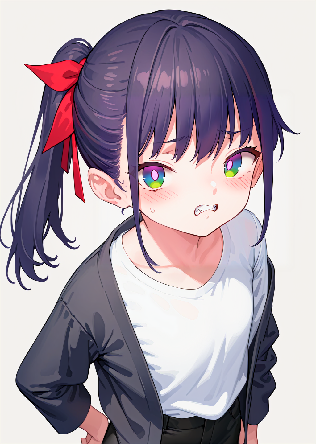 (best quality, masterpiece:1.2),
cowboy shot, upper body,
1girl, solo,
petite, ponytail, short hair,
black hair, hair ribbon, two-tone hair,  looking at viewer,
multicolored eyes, green eyes, purple eyes, white pupils,
black jacket, white  shirt, oversized clothes,
black pants,
standing,
highres,sharp focus,Professional,Impasto,
front view,close-up,
reality_ray_tracing,ambient_light,
simple background, grey background,
 <lora:ASYLJ77-XL-MainlyForFace:0.9>
