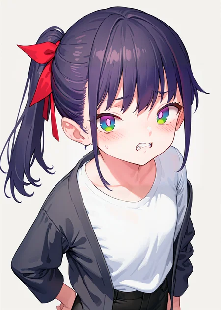 (best quality, masterpiece:1.2),
cowboy shot, upper body,
1girl, solo,
petite, ponytail, short hair,
black hair, hair ribbon, two-tone hair, looking at viewer,
multicolored eyes, green eyes, purple eyes, white pupils,
black jacket, white shirt, oversized clothes,
black pants,
standing,
highres,sharp focus,Professional,Impasto,
front view,close-up,
reality_ray_tracing,ambient_light,
simple background, grey background,
<lora:ASYLJ77-XL-MainlyForFace:0.9>