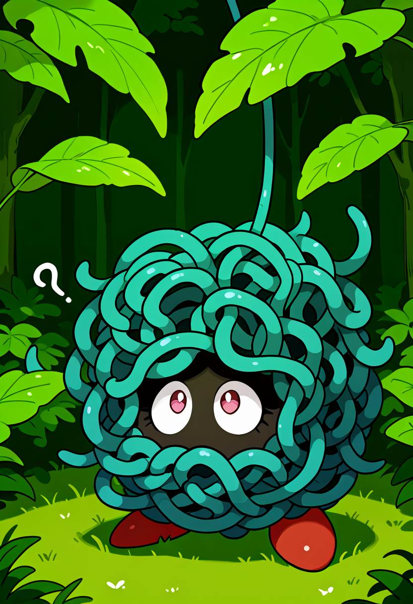 masterpiece, best quality, no humans,   ,<lora:TangelaPokedex_IXL:1.0>,  zzTangela, twisting and spinning playfully, its blue vine-like tendrils wrapped around itself in a spiral, eyes peeking out from the middle of the mass, a bright green forest background with leaves scattered around
