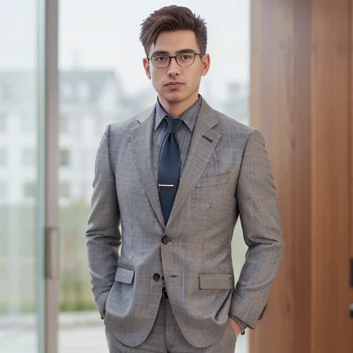 Realistic, (masterpiece, best_quality:1.1), a man wearing glasses standing in front of a glass door with a cross on it, zegna, Drop+7, Double vents, Notch lapels, Flap pockets, 2-button closure, Fully lined, Deconstructed, 100%+Wool, Grey, suits, young, wearing a undercloth and tie, oxford knot